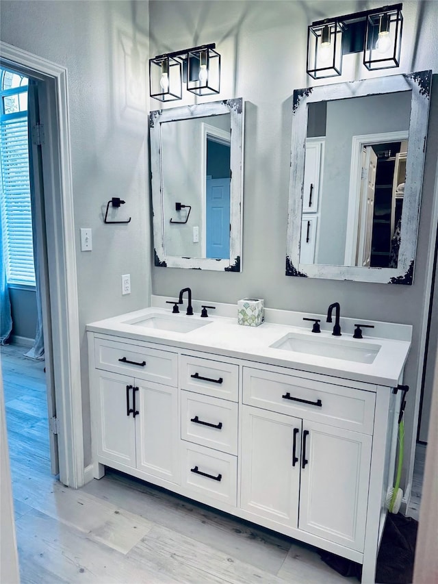 bathroom with wood-type flooring and vanity