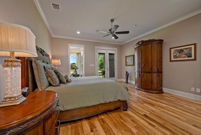 bedroom featuring ceiling fan, access to exterior, crown molding, and light hardwood / wood-style floors