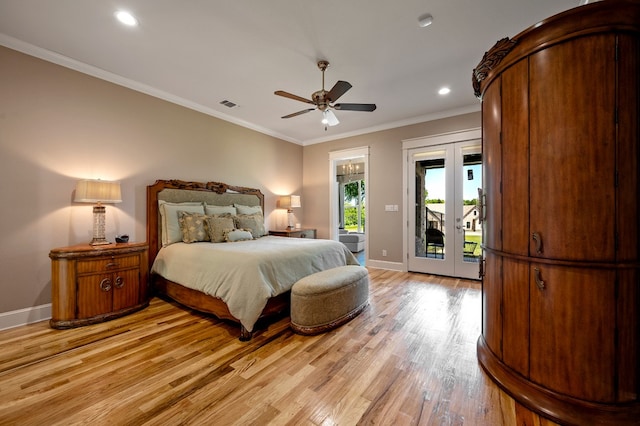 bedroom with ceiling fan, light hardwood / wood-style flooring, access to outside, french doors, and ornamental molding