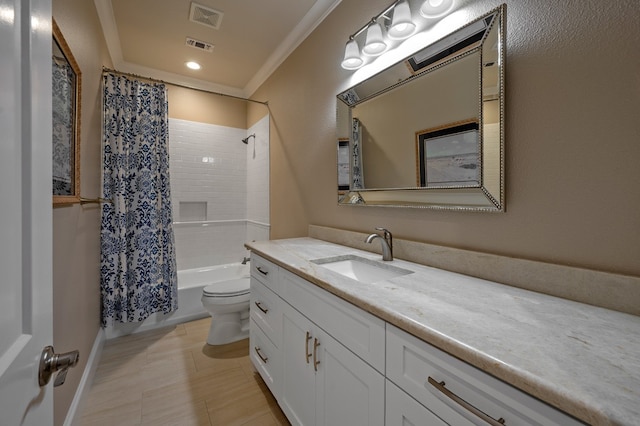 full bathroom with ornamental molding, toilet, shower / tub combo, and vanity