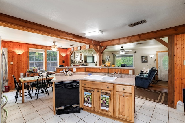 kitchen with sink, black dishwasher, a healthy amount of sunlight, and ceiling fan