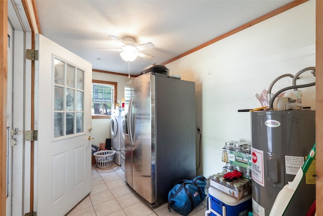 kitchen with stainless steel fridge with ice dispenser, ceiling fan, water heater, light tile floors, and ornamental molding