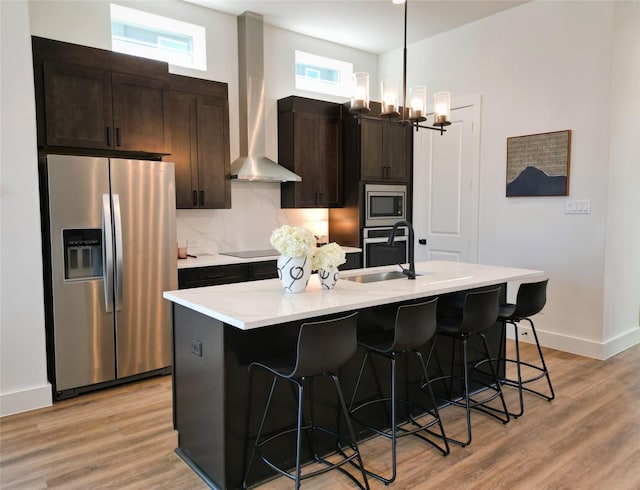 kitchen with appliances with stainless steel finishes, sink, a kitchen island with sink, and wall chimney range hood