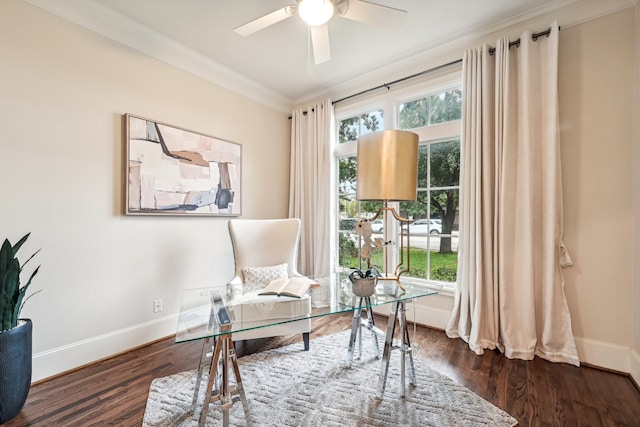 sitting room with crown molding, dark hardwood / wood-style flooring, and ceiling fan