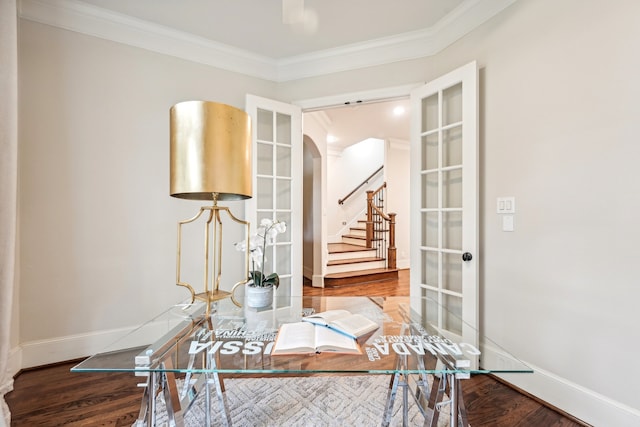 office featuring crown molding, french doors, and wood-type flooring