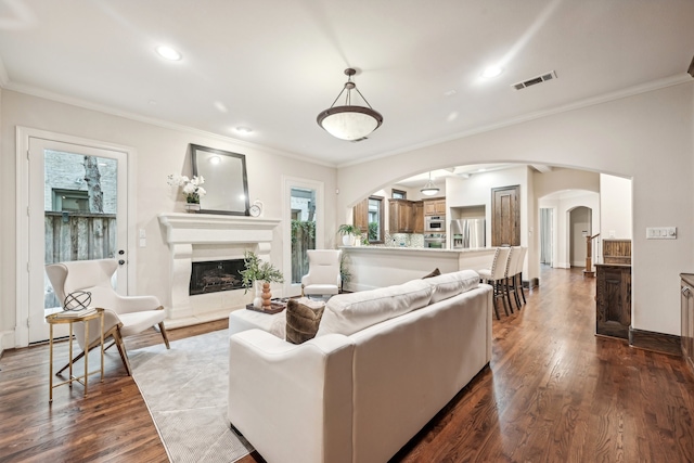 living room with ornamental molding, hardwood / wood-style flooring, and a healthy amount of sunlight