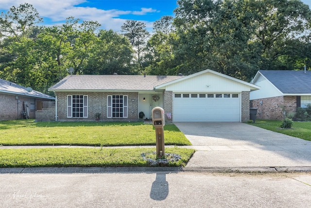 ranch-style home with a garage and a front lawn