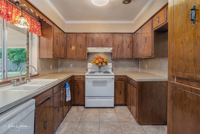 kitchen featuring light tile floors, sink, white appliances, backsplash, and ornamental molding