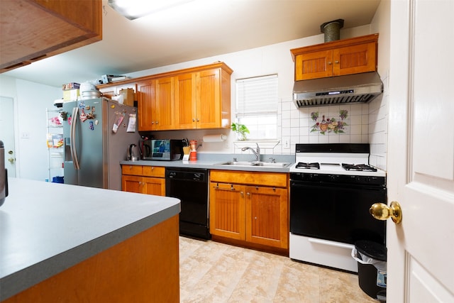 kitchen with white range with gas cooktop, wall chimney exhaust hood, sink, dishwasher, and tasteful backsplash