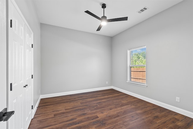 interior space with ceiling fan, a closet, and hardwood / wood-style flooring