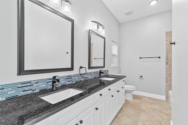 full bathroom with shower / washtub combination, backsplash, dual bowl vanity, toilet, and tile flooring