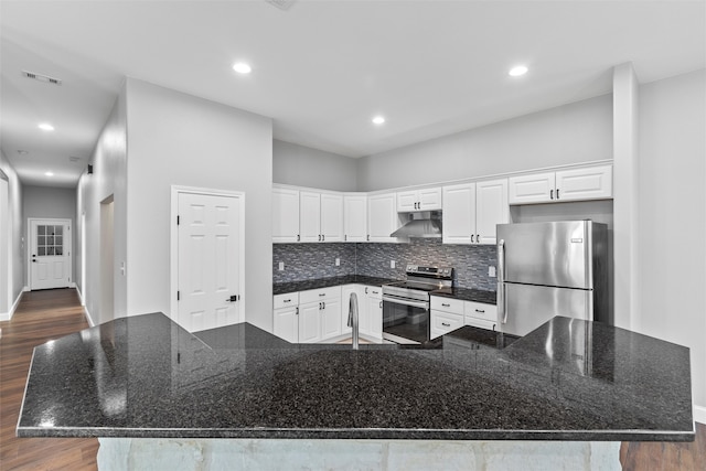 kitchen featuring backsplash, appliances with stainless steel finishes, dark hardwood / wood-style flooring, and a large island