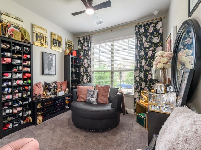 interior space featuring ceiling fan and carpet floors