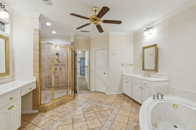 bathroom with ceiling fan, crown molding, shower with separate bathtub, tile flooring, and vanity