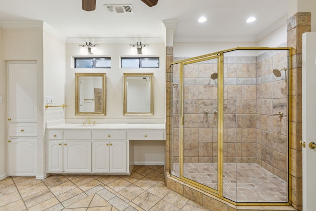 bathroom with a shower with shower door, ceiling fan, oversized vanity, and tile floors