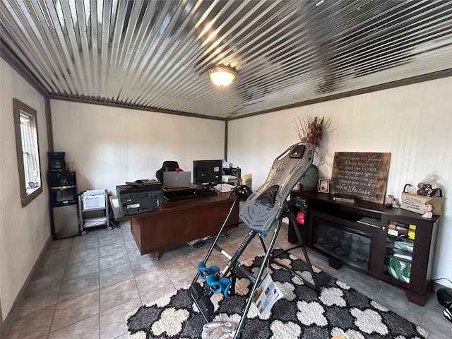 tiled office featuring crown molding