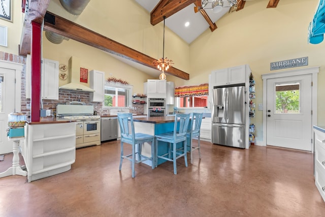 kitchen with white cabinetry, a healthy amount of sunlight, stainless steel appliances, and wall chimney range hood