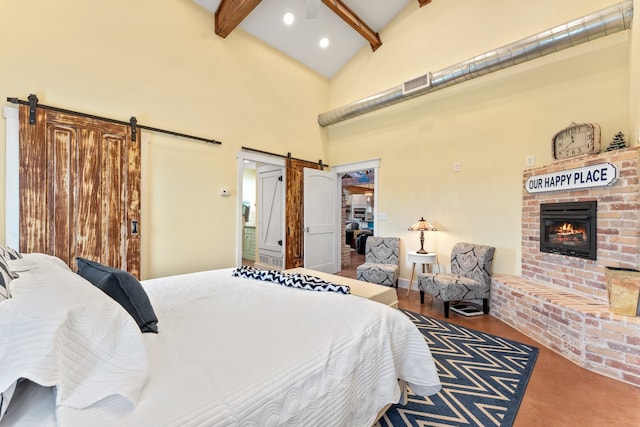 carpeted bedroom with a barn door, high vaulted ceiling, beamed ceiling, and a brick fireplace