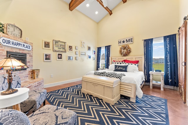 bedroom featuring high vaulted ceiling, a fireplace, and beam ceiling