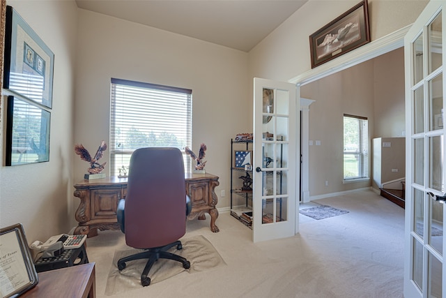 office space featuring french doors and carpet flooring