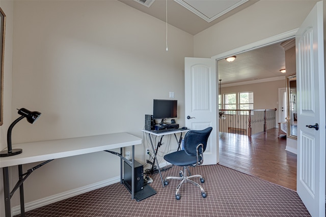 office area with hardwood / wood-style floors and crown molding