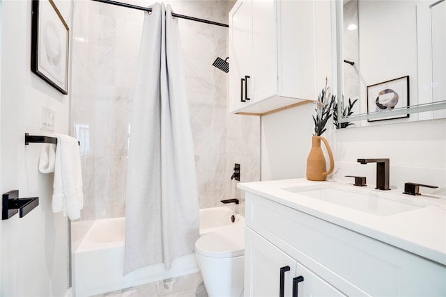 full bathroom featuring tile flooring, shower / bath combination with curtain, toilet, and large vanity