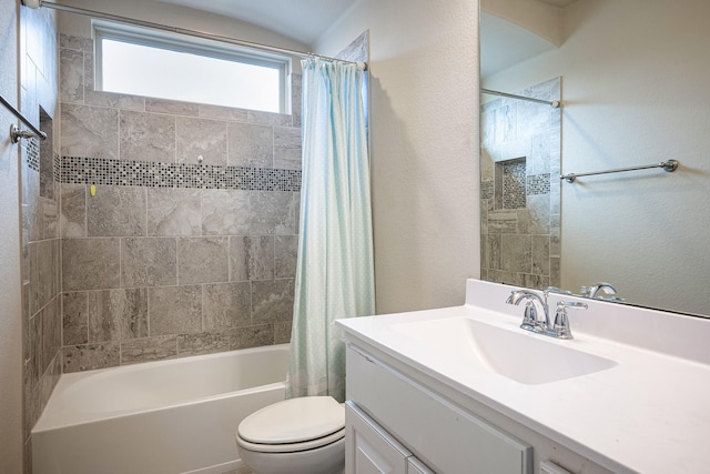 bathroom featuring toilet, shower / bathtub combination with curtain, and vanity