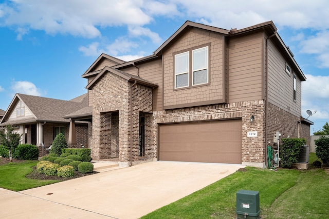 view of front facade featuring a front lawn, brick siding, driveway, and an attached garage