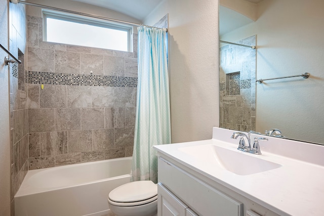 full bathroom featuring shower / bath combination with curtain, toilet, and vanity