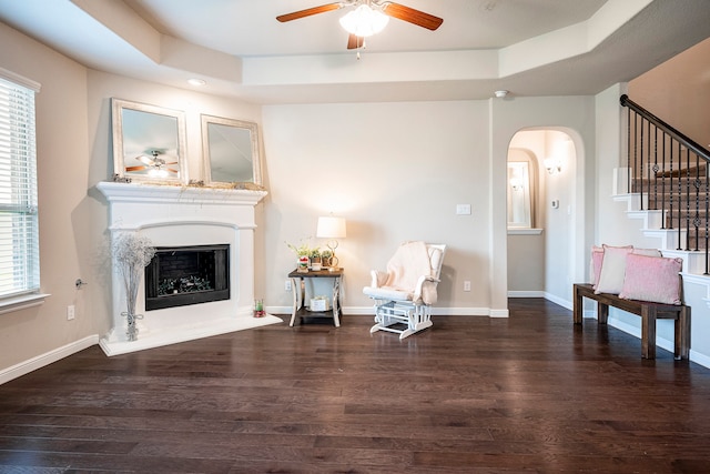 living room featuring hardwood / wood-style flooring, a healthy amount of sunlight, ceiling fan, and a raised ceiling