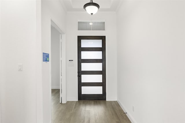 foyer entrance with light wood-type flooring and crown molding