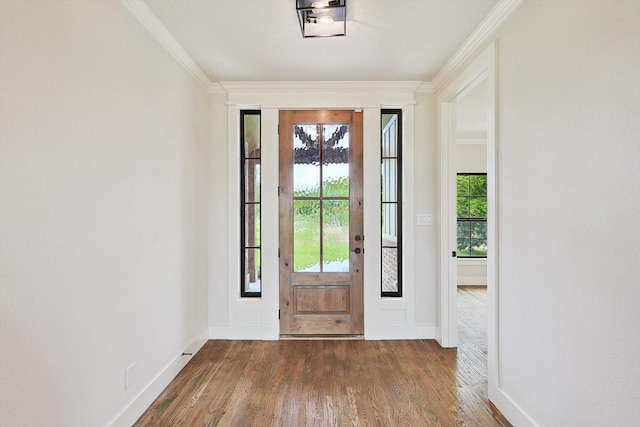 entryway featuring ornamental molding and dark hardwood / wood-style flooring