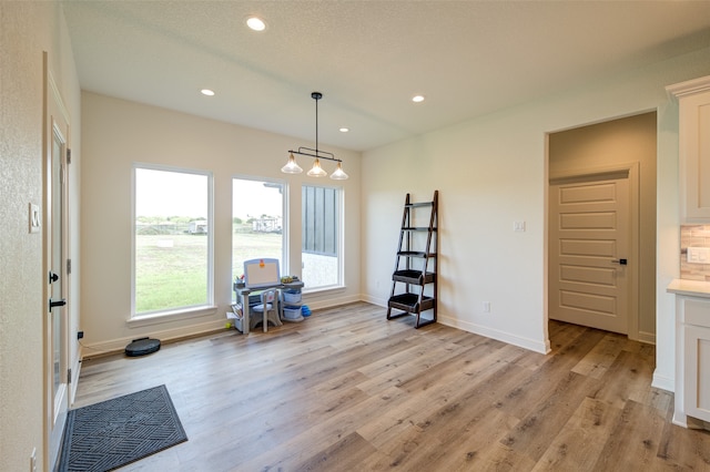 interior space featuring a healthy amount of sunlight, a notable chandelier, and light hardwood / wood-style flooring