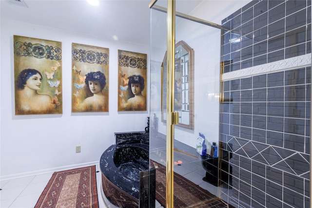 bathroom with ornamental molding, plus walk in shower, and tile patterned floors