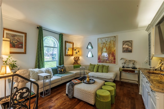 living room featuring dark wood-type flooring and crown molding