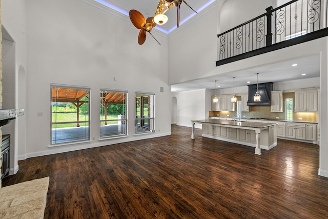 unfurnished living room with sink, a high ceiling, ceiling fan, and dark hardwood / wood-style floors