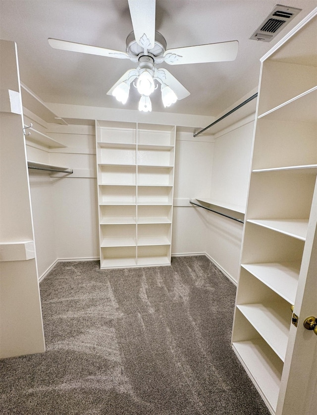 spacious closet with ceiling fan and carpet floors