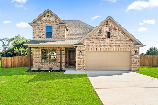 front facade with a garage and a front yard