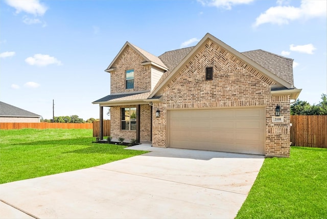 view of front of property with a front yard and a garage