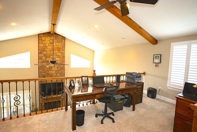 carpeted office space with lofted ceiling with beams and ceiling fan