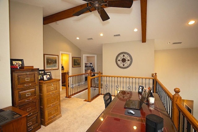 carpeted office space with vaulted ceiling with beams and ceiling fan