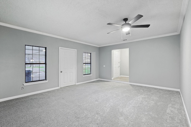 empty room featuring ceiling fan, carpet, crown molding, and a textured ceiling