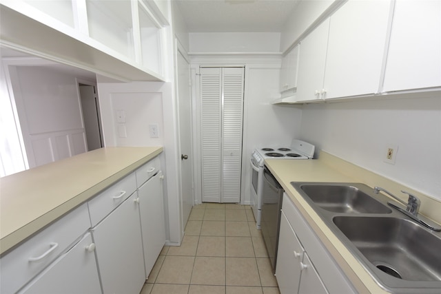 kitchen with white electric stove, white cabinets, sink, light tile floors, and dishwasher