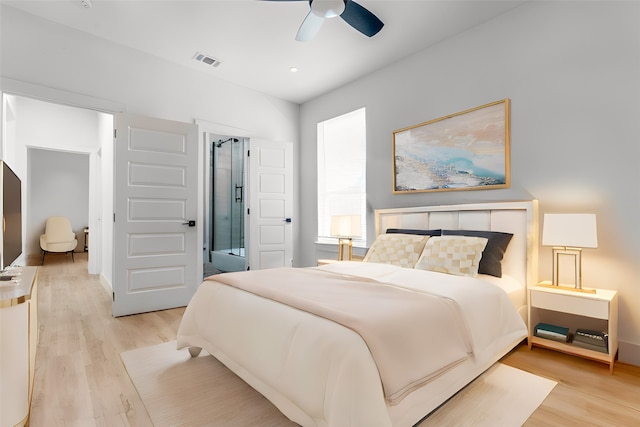 bedroom featuring ceiling fan and light hardwood / wood-style flooring