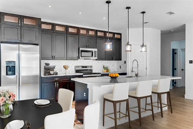 kitchen featuring decorative backsplash, appliances with stainless steel finishes, pendant lighting, wood-type flooring, and a center island with sink