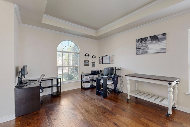 office with crown molding, dark hardwood / wood-style floors, and a raised ceiling