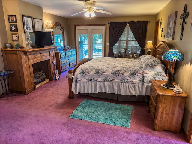 carpeted bedroom with ceiling fan and access to outside