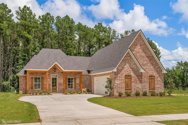 view of front of house featuring a garage and a front lawn