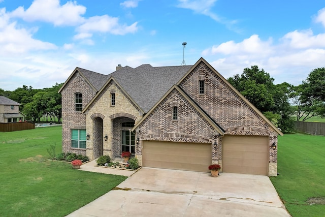 french country home featuring a garage and a front lawn