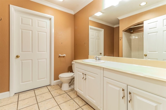 bathroom with vanity, a shower, tile patterned flooring, toilet, and ornamental molding